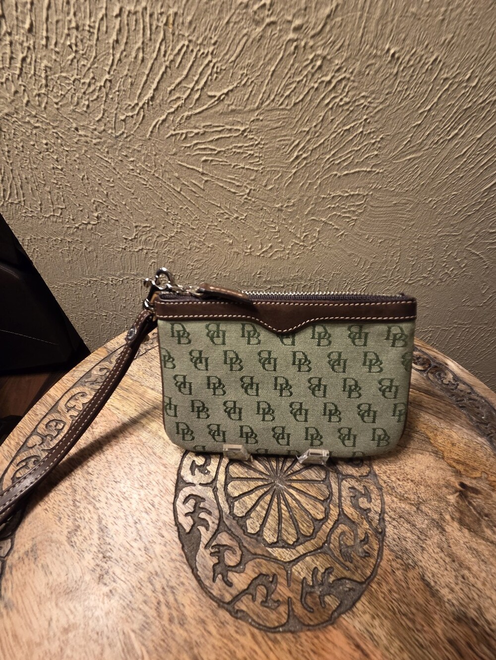 Dooney & Bourke Olive Logo Canvas Wristlet inside key ring